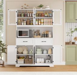 71" Large Pantry Storage Cabinet with Microwave Stand Tall Hutch Cabinet with Glass Doors 8 Storage Compartments for Dining Room, Modern White