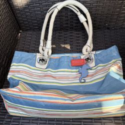 Coach Beach Nautical Striped Seahorse Charm Tote Handbag Blue White Multicolor