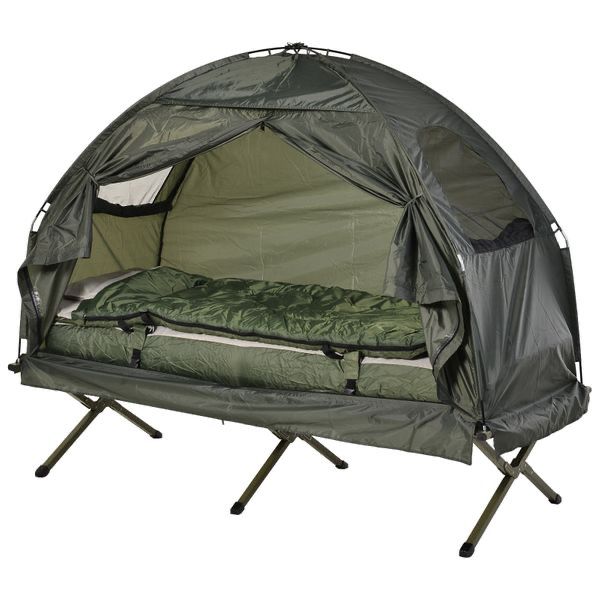 Tent with Air Mattress, Sleeping Bag, and Pillow