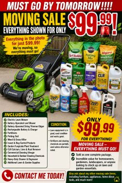 🌿🚨 MOVING SALE – EVERYTHING SHOWN FOR ONLY $99.99! 🚨🌿
Everything in the photo for just $199! We're moving, so everything must go!
Includes:
✅ Elec
