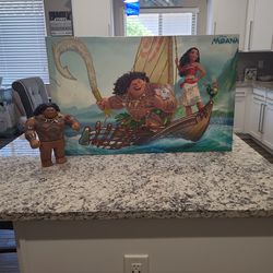 21x33 3/4 Canvas Disney Moana Picture With A Lot Of Sparkles + Disney Maui Figure