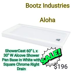 Bootz Industries
Aloha ShowerCast 60 in. L x 30 in. W Alcove Shower Pan Base in White with Square Chrome Right Drain