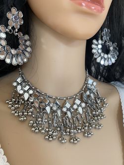 Oxidized necklace earrings set rustic look with mirror work