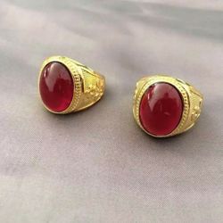Men's 18K Gold Plated  Retro Round  large Gemstone Ring exquisite carving Red Stone Adjustable Ring