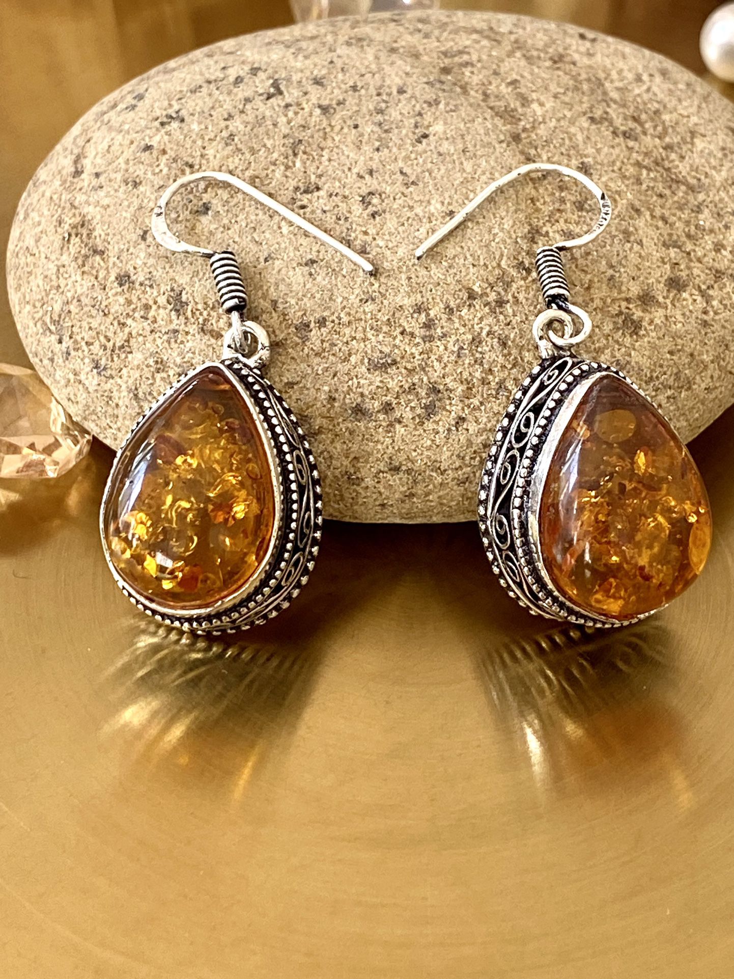 Baltic Amber 925 Sterling Silver Overlay Antique Style Earrings