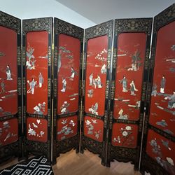 Antique Chinese 6 Panel Folding Screen with Raised Stone Inlay