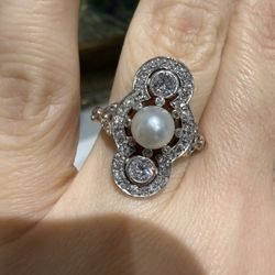 10K Yellow Gold And Platinum Natural Diamonds And Pearl Edwardian Era Ring 