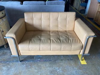 Contemporary Tan Leather Loveseat w/ Metal Frame