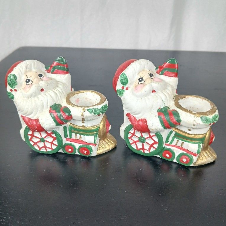 Pair Vtg Giftco Santa Claus Riding On Train Taper candle holders Christmas Decor