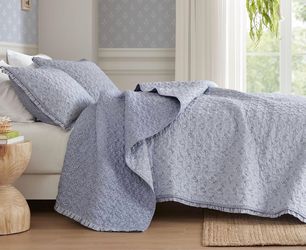 Madison Park Vintage Floral Linwood Queen Quilt Set Grayish Blue, Bedspread Coverlet Bedding Comfort