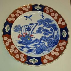 Antique Tiahodo Imari Porcelain Serving Platter Charger Takarabune Treasure Boat Japan  16 Inch Diameter A54V943