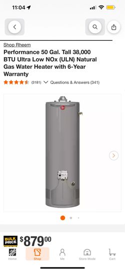 Rheem Performance 50 Gal. Tall 38,000 BTU Ultra Low NOx (ULN) Natural Gas Water Heater