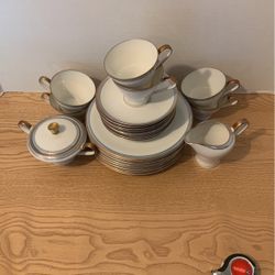 Edelstein Tea set white with blue luster and gold trim made in Bavaria Germany