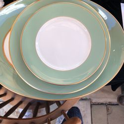 Vintage Nine-Piece Franciscan Fine China Palomar Jade Green Large Serving Platter, Four Dinner and Four Salad Plates. Made in California USA