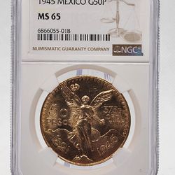 1945 Centenario MS65 50 Pesos Gold Coin