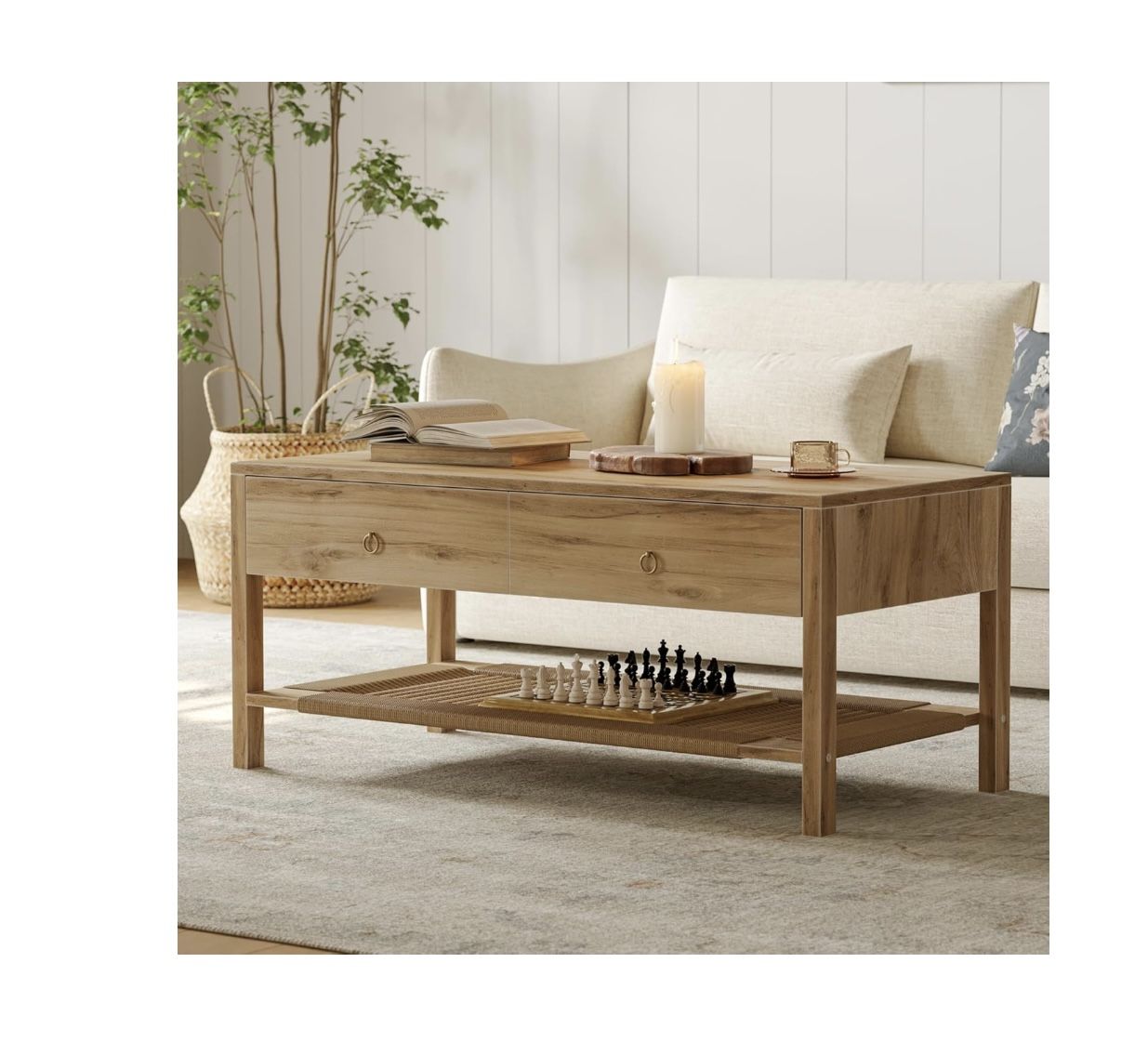 Dowinx Boho Coffee Table with Storage, 42" Wood Coffee Table for Living Room, 2 Storage Drawers and Open Rattan Shelf, Rectangular Living Room Coffee