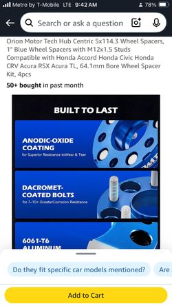 Orion Motor Tech Hub Centric 5x114.3 Wheel Spacers, 1" Blue Wheel Spacers with M12x1.5 Studs Compatible with Honda Accord Honda Civic Honda CRV Acura