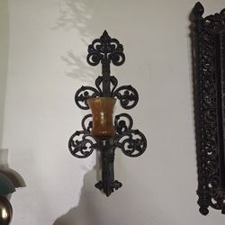 Vintage 1970s Homeco Rectangular Black Gold Ornate Syroco Mirror and vintage Gothic Revival style wall sconc