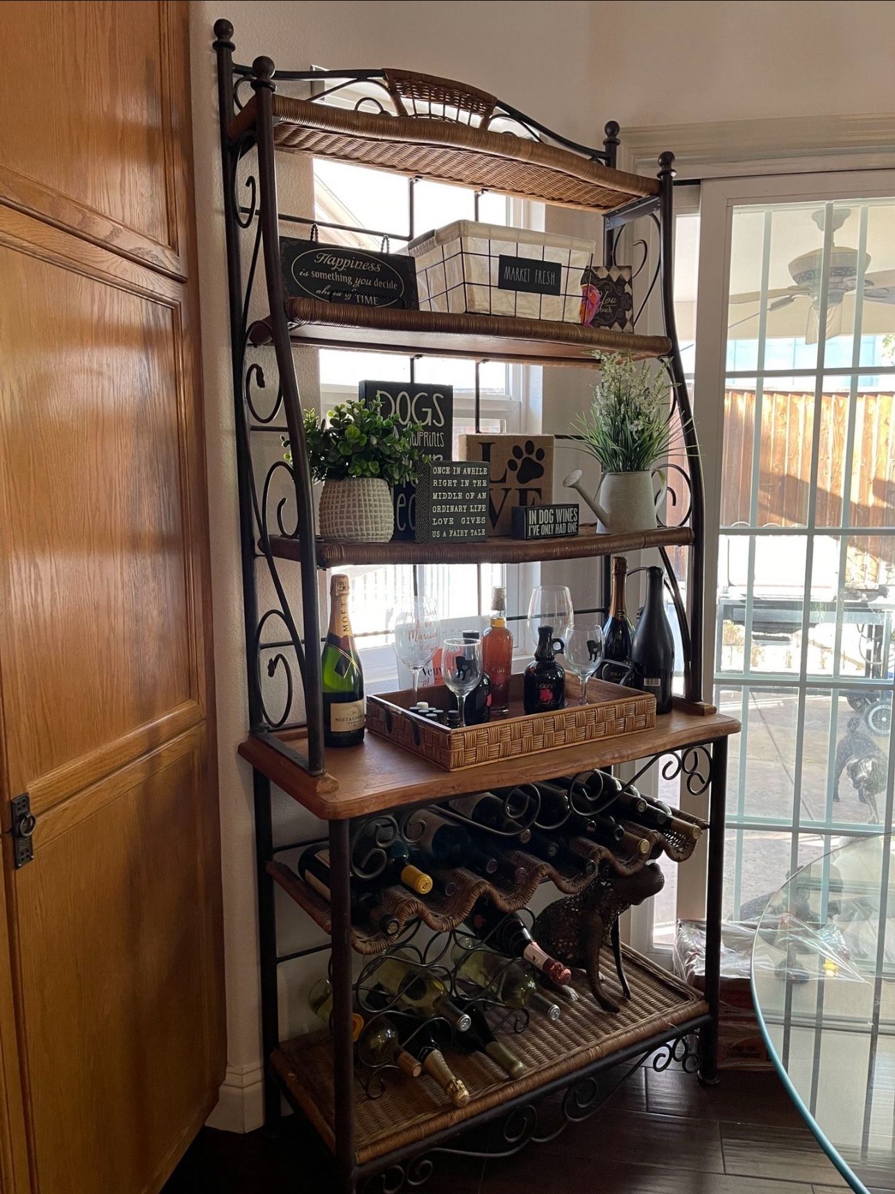 Glass Dining table, Chairs And Baker Rack