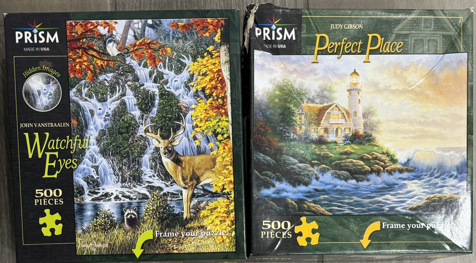 Lot of 2 Prism 500 piece puzzles “Watchful Eyes” and “Peaceful Place”
