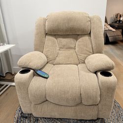 Beige Fabric Massage Recliner Chair with Cup Holders - Fully Working!