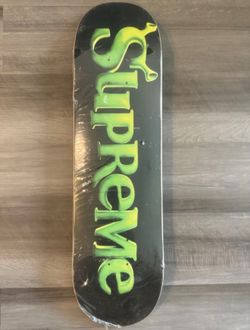 supreme skateboard deck shrek art theme black green logo graphic multi-color
