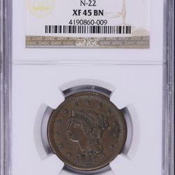 1850 Braided Hair Cent 1c  N-22 NGC XF  45 BN