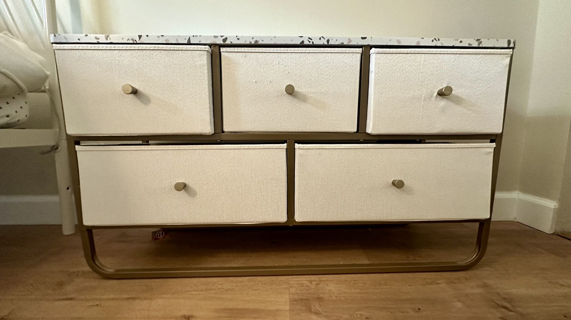 Gold Metal/Fabric Storage Drawers With Terrazzo Top