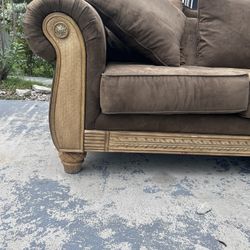 Brown Suede And Wood Sectional Couch 