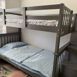 For Sale: Modern Grey Twin-over-Twin Bunk Bed with Storage Stairs With Mattress 