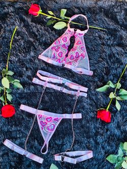 Pink Heart Embroidered Mesh Lingerie Set