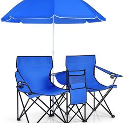 Giantex Double Camping Chairs Folding Picnic Chairs w/Removable Umbrella Carry Bag Cooler Bag Table Cupholders for Patio Beach Picnic Outdoor Portable
