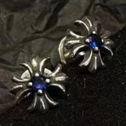 ONE PAIR - Chrome Earrings Hearts Stud Sapphire Blue Crystal Dutch Designer Von Plein Sterling SILVER 925
