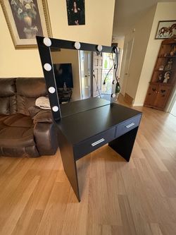 Black Vanity Desk with Lighted Mirror