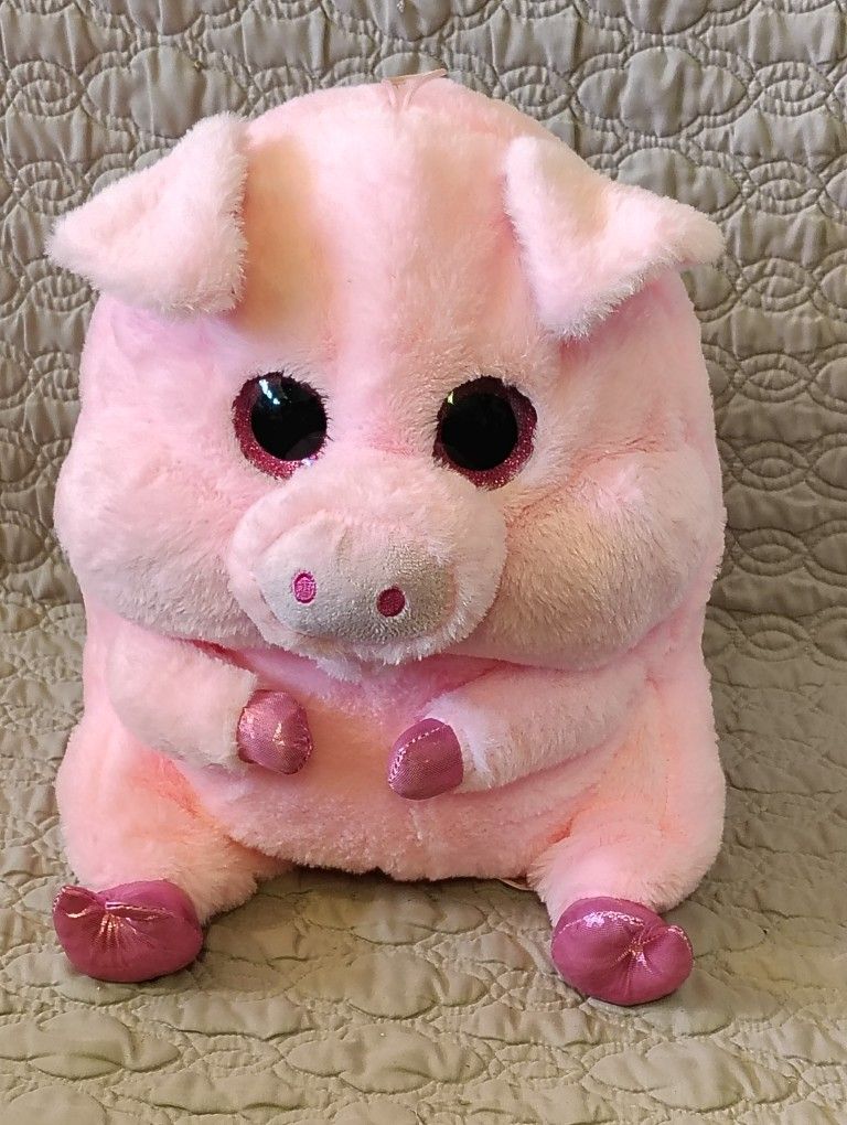 13" Fun & Fun Big Eyed Plush Pig Frost Pink Hoofs Glitter Eyes Stuffed Animal