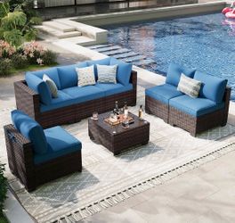 Assembled New 7-Piece Outdoor Patio Furniture Set 6-Seat All-Weather PE Rattan Wicker Patio Section