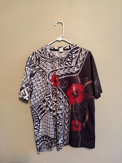 Polynesian Tribal Print T-Shirt with Hibiscus