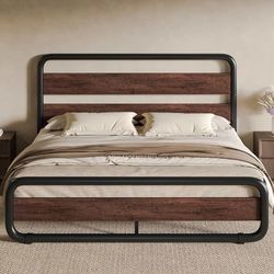 Full Size Metal Bed Frame with Wooden Headboard and Footboard, Heavy Duty Oval-Shaped Platform Bed Frame with 10" Under-Bed Storage, Noise Free, No Bo