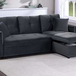 Brand New Black Velvet Sectional Sofa Storage Sleeper