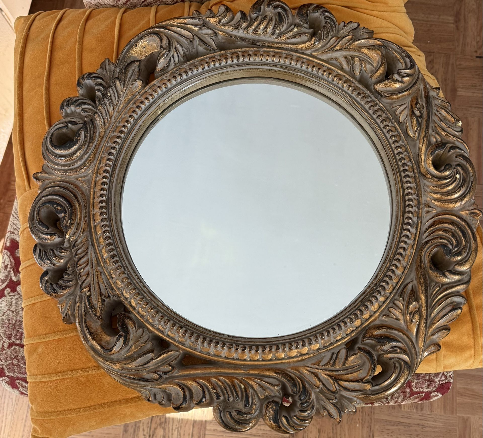 A Gold Ornate Round  Mirror Antique 