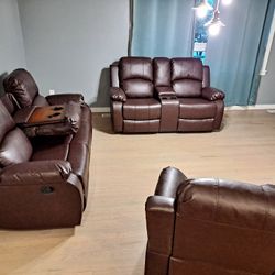 Reclining set 3pc Brown  Bonded leather