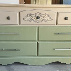 Refurbished Beige And Sage Green 7 Drawer Dresser