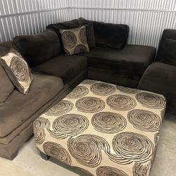 Very Nice Dark Brown Two Piece Sectional With Ottoman & Chaise