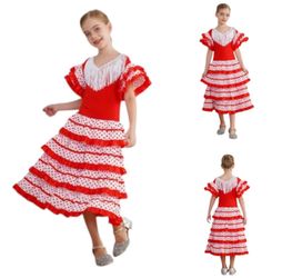 Miutii Spanish Flamenco Dress for Girls Halloween Fancy Dress Spanish Dancer Costume Maxi Tiered Ruffle Skirt Red&White Size 12