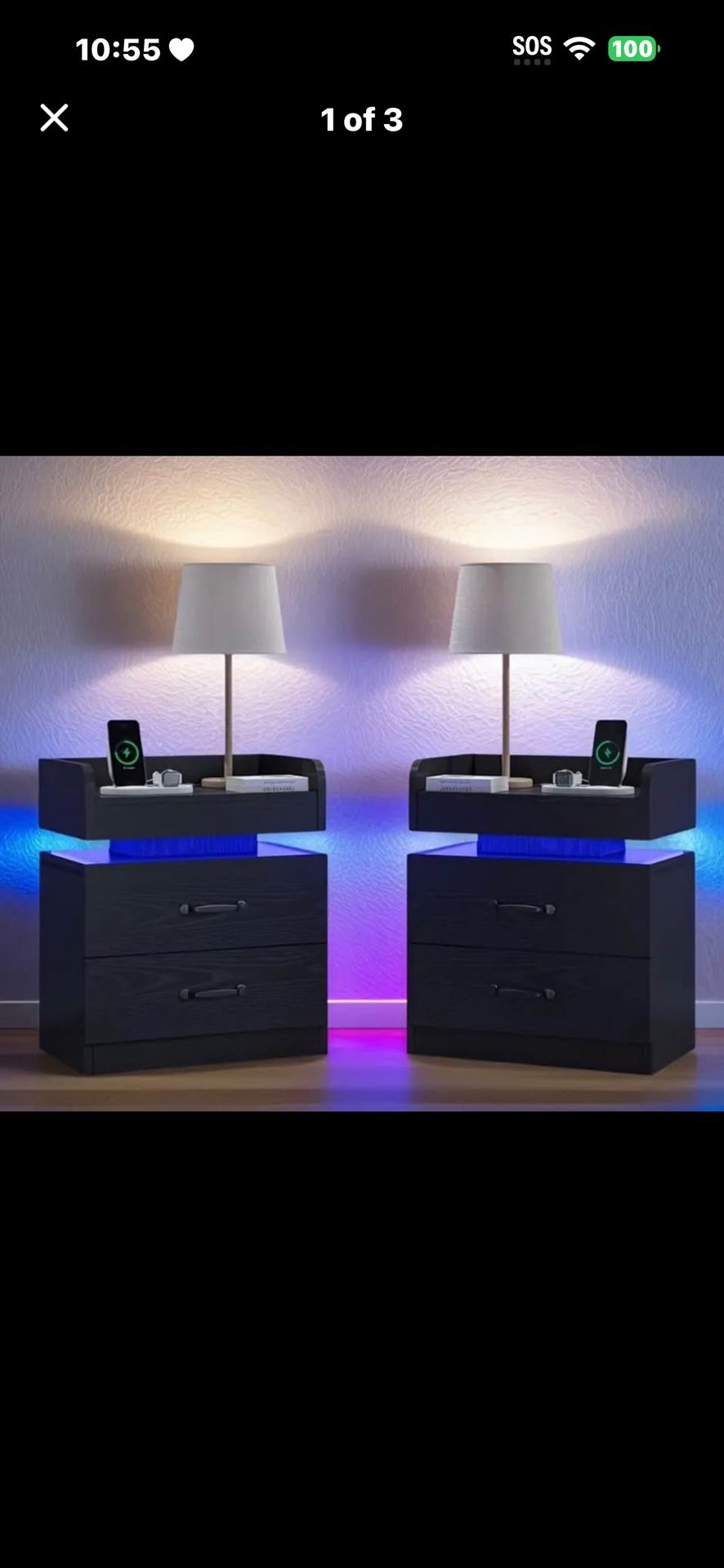 2 Night Stands With LED Lights, Modern Led End Table, With 2 Drawers, charging outlet.
