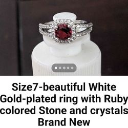 Size7-beautiful White Gold-plated ring with Ruby colored Stone and crystals Brand New