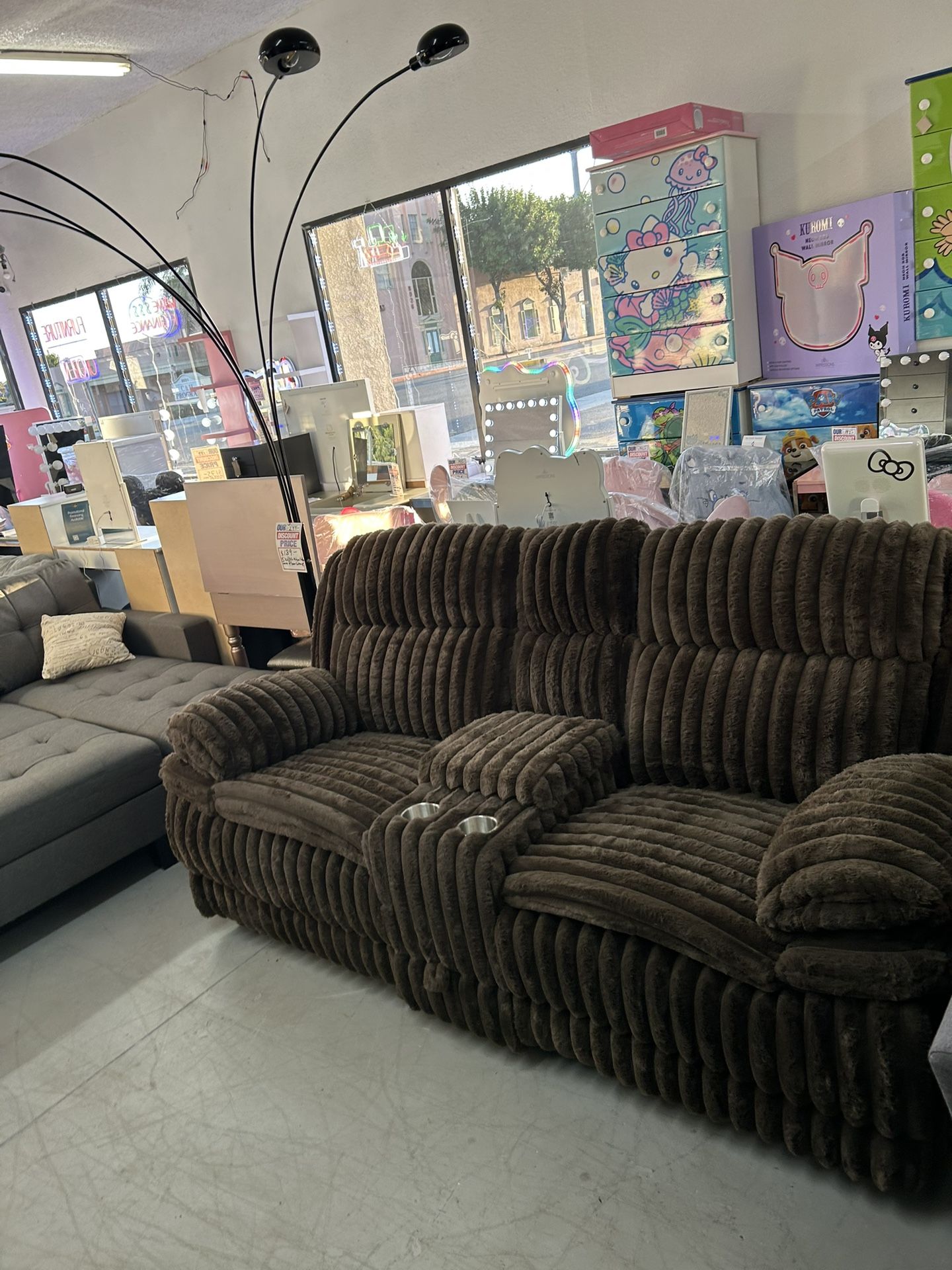 Fur Like Loveseat Sofa Recliner With Storage And Cup Holder 