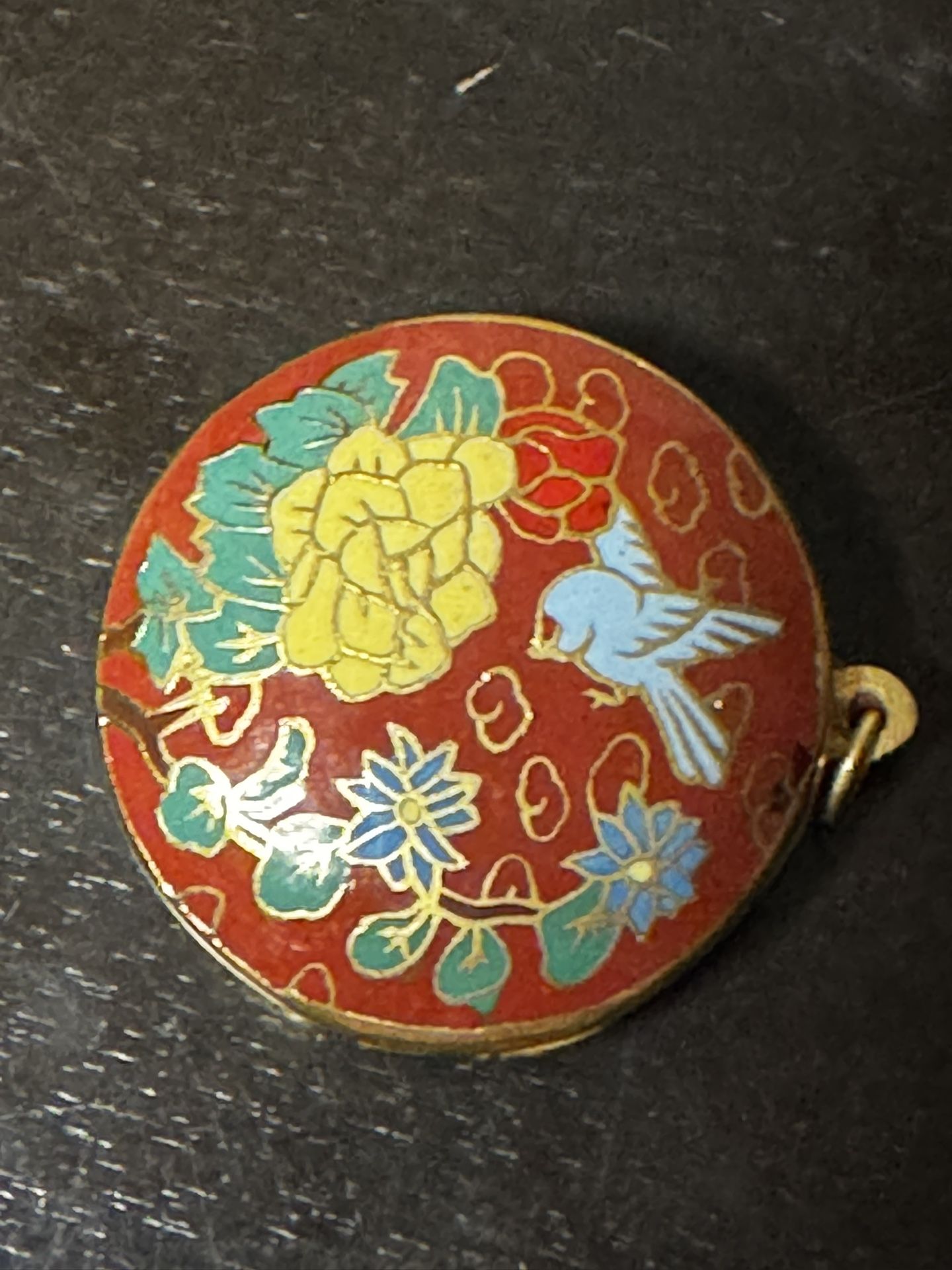 Vintage Mid-20th Century Red Cloisonné Chinese Pendant With floral & bird design