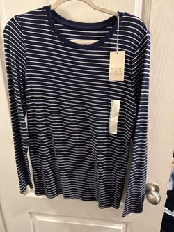 A New Day Women's Fitted Long Sleeve T-Shirt Navy White Stripe Large