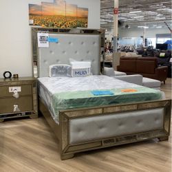 Champagne Leatherette Solid Wood Bed Frame